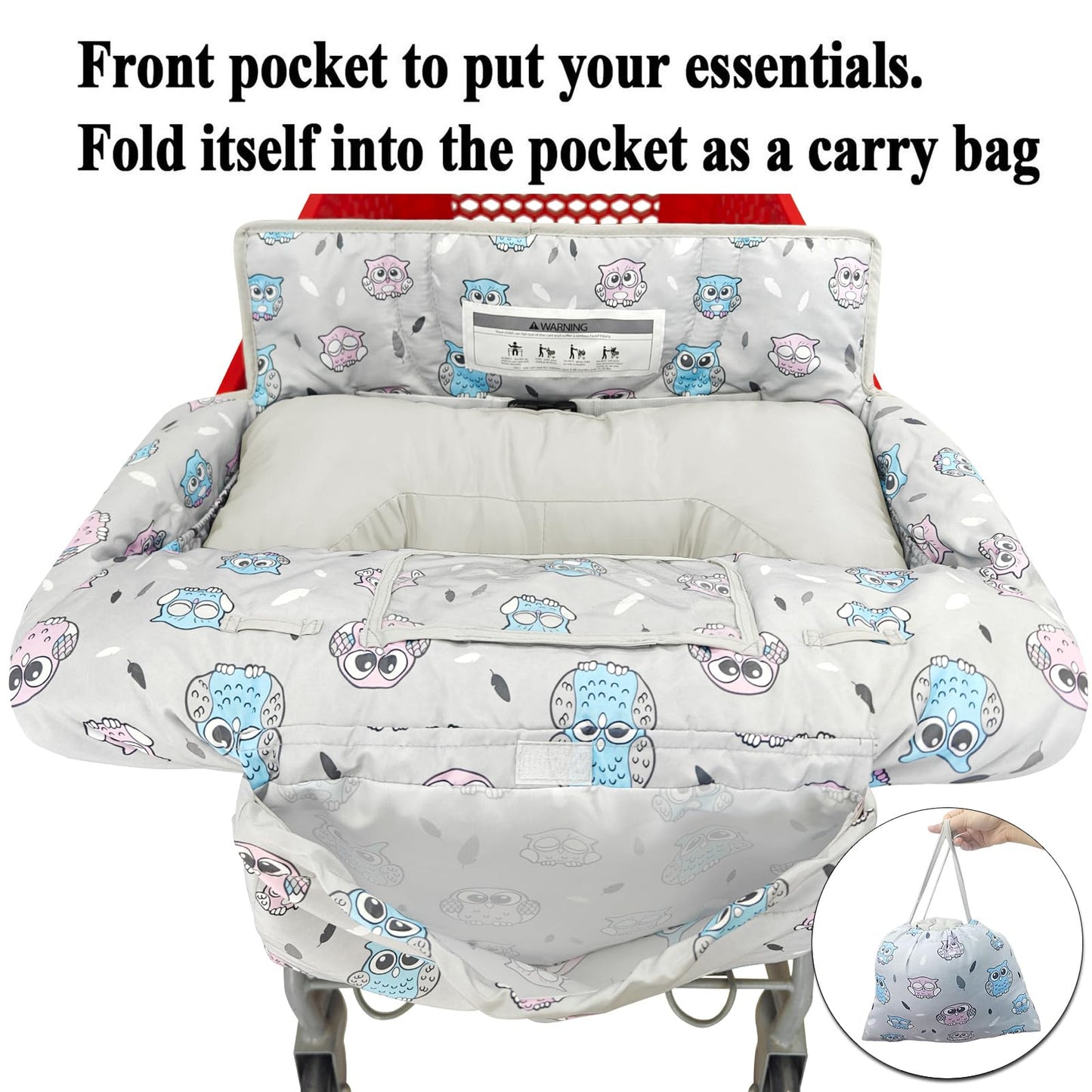 Soft Pillow Attached 2-in-1 Shopping Cart and High Chair Cover for Baby, Cotton Padded Cart Cover, Fold'n Roll Style, Portable with Carry Bag (Blue Elephant)