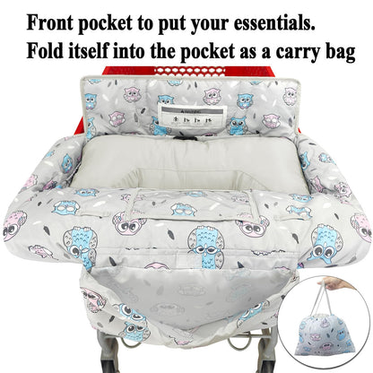 Soft Pillow Attached 2-in-1 Shopping Cart and High Chair Cover for Baby, Cotton Padded Cart Cover, Fold'n Roll Style, Portable with Carry Bag (Blue Elephant)