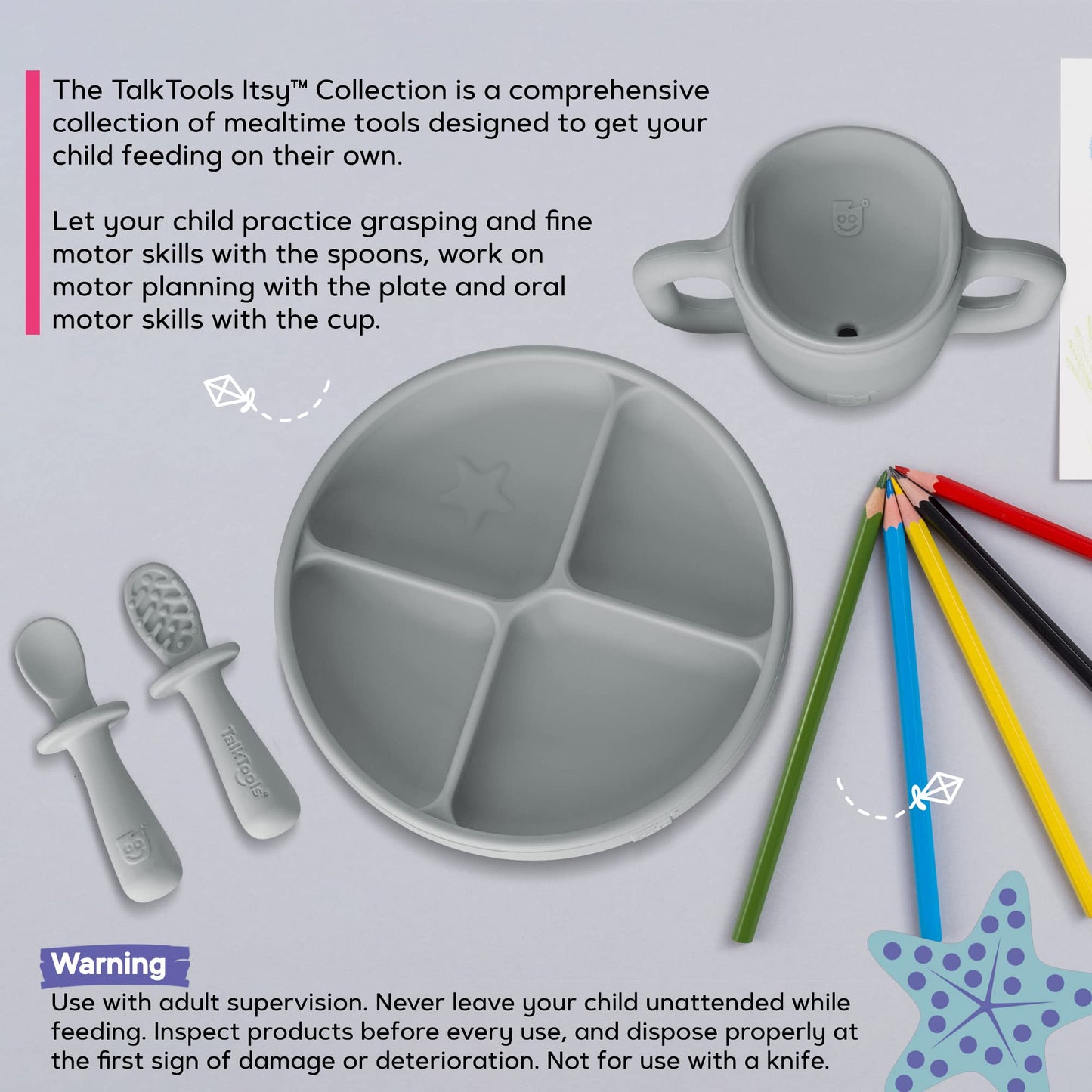 TalkTools ITSY Baby Utensil Set – Silicone Training Cup, Plate and Twin Spoon Pack for Toddlers| Infant First Food Self Feeding Silicone Training Set (Bubblegum)