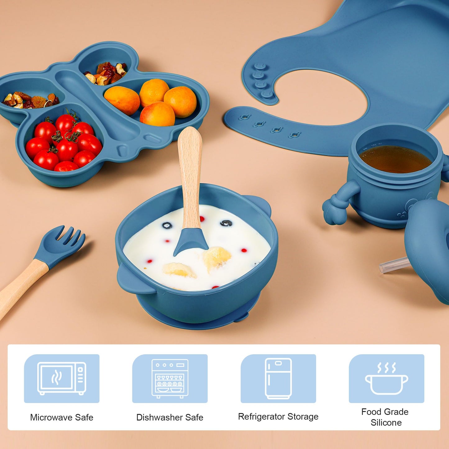 Silicone Baby Feeding Set, Baby Led Weaning Supplies, Silicone Suction Butterfly Plate, Bowl, Spoons, Fork and Waterproof Bib & Cloth Bib, Eating Utensils Baby Feeding Essentials (Purple)