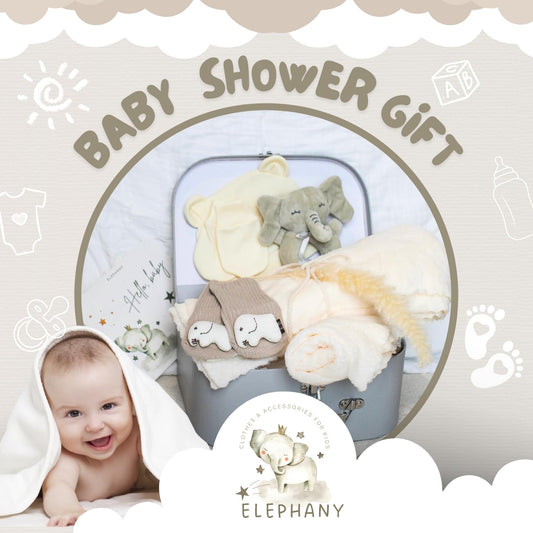 Elephany Baby Shower Gifts – Gender-Neutral Baby Gift Basket for Newborn Girls and Boys – Newborn Baby Essentials Gift Basket with Blanket, Towel, Rattle Toy, Socks – Cute Newborn Baby Gifts