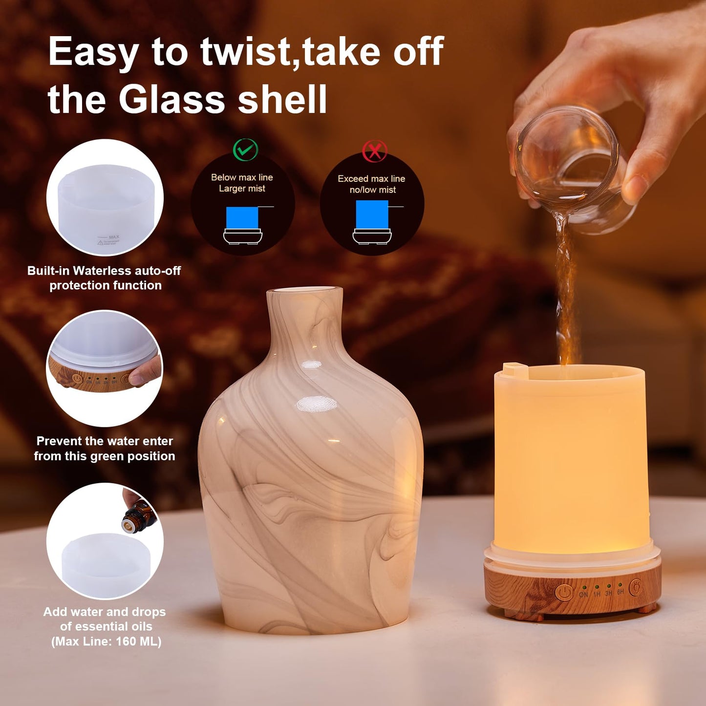 Essential Oil Diffuser Hand Blown Glass Aromatherapy Diffuser - Ultrasonic Cool Mist Scent Aroma Diffuser, Whisper Quiet with Auto Shut-Off, Timer Setting &7 Colors Night Light for Home