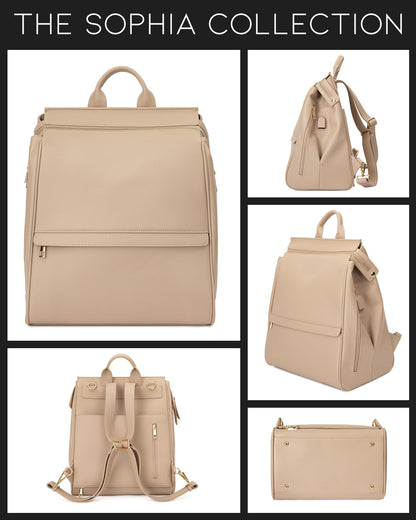 Leather Diaper Bag Backpack with USB Charging port, Changing Pad, Stroller Straps, and Bottle Holder (Brown Olivia)