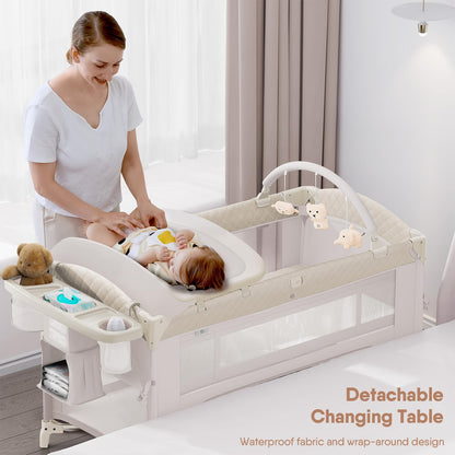 4 in 1 Baby Bassinet, Pack and Play, Bedside Crib Sleeper, Diaper Changer - Comes with Mattress, Mosquito Net，Bottom Storage and Toy Bar for Newborn to Toddles