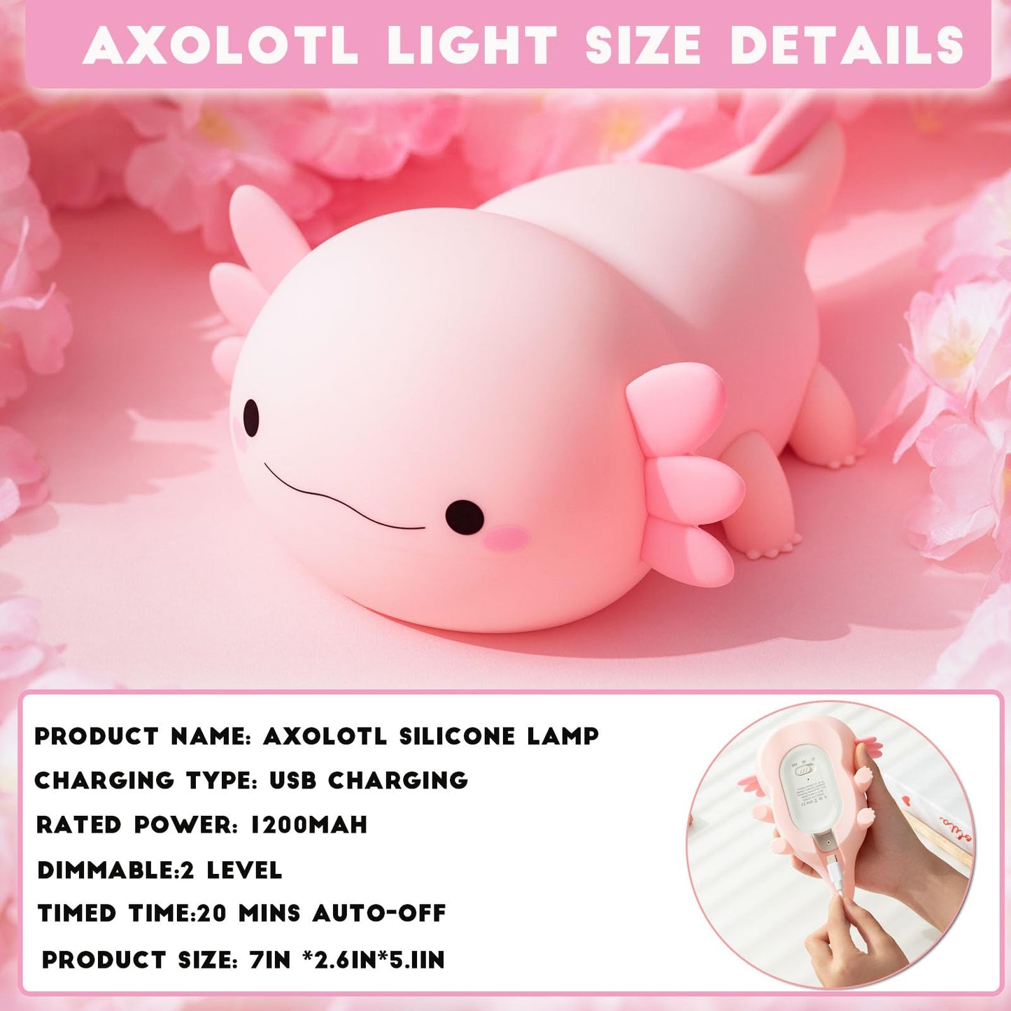 HAPPYBAG Axolotl Night Light,Cute Axolotl lamp Gifts for Kids,Dimmable Silicone Animal Nursery Night Light,Kawaii Rechargeable Bedside Touch Lamp,Room Decor Axolotl Light
