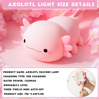 HAPPYBAG Axolotl Night Light,Cute Axolotl lamp Gifts for Kids,Dimmable Silicone Animal Nursery Night Light,Kawaii Rechargeable Bedside Touch Lamp,Room Decor Axolotl Light
