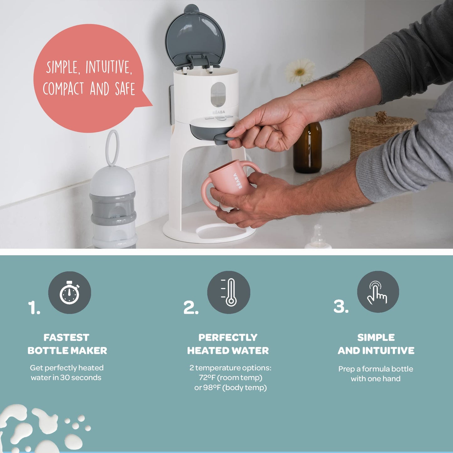 BEABA Bib'Expresso Fast Water Warmer, Formula Maker Preps Bottle in 30 Secs, Quickly Dispenses Warm Water for Baby Bottle, Also a Baby Food Warmer, Midnight