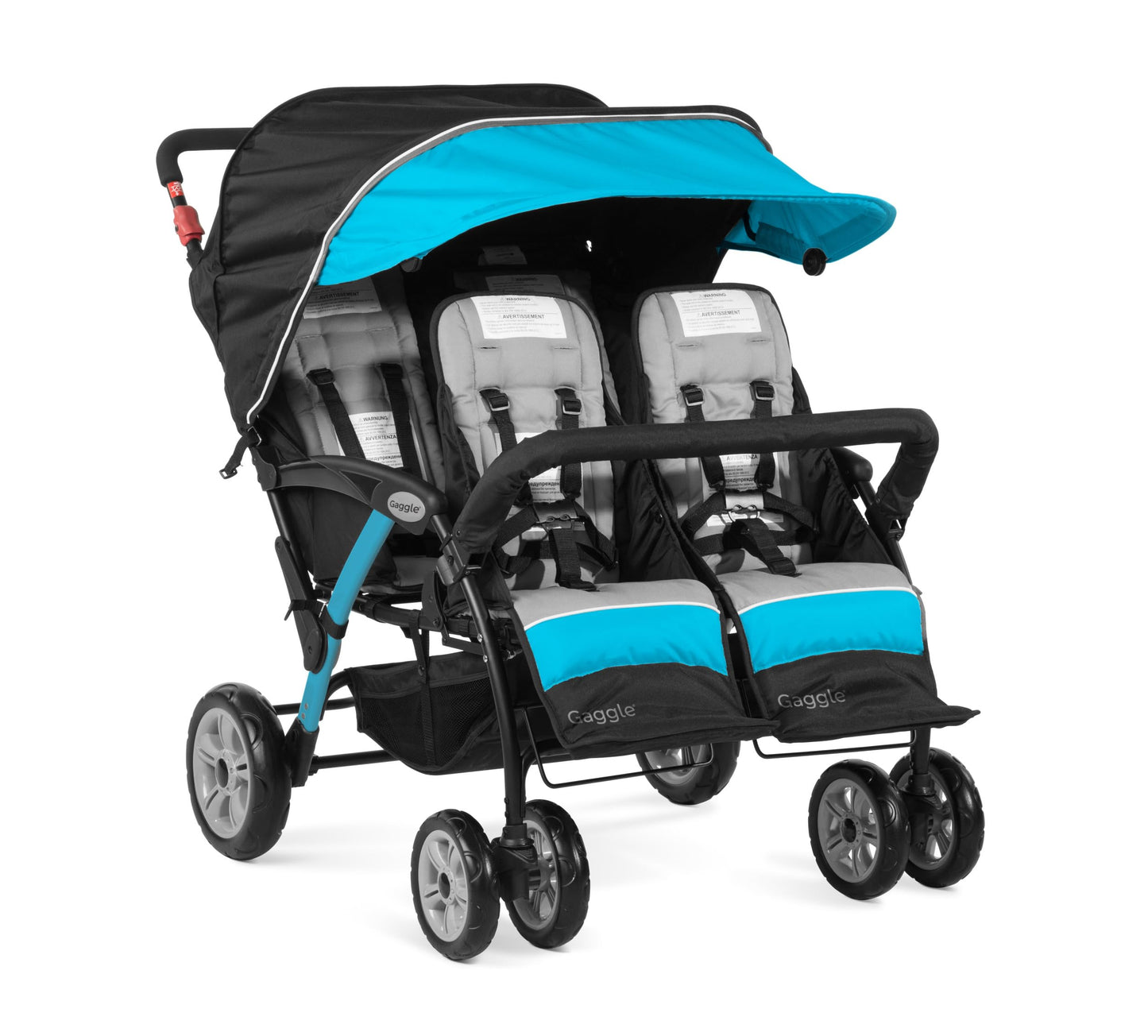 Gaggle by Foundations Compass Quad 4 Seat Stroller | 4-Seat Stroller for Daycare | Oversized UV Blocking Canopy | 5-Point Harness | Easy Loading | Storage Bucket | Black