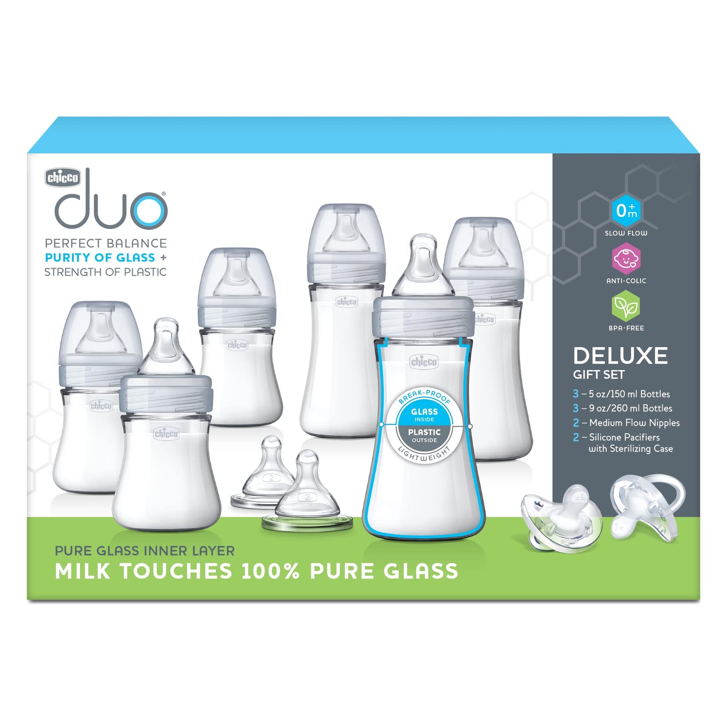 Chicco Duo 5oz. Hybrid Baby Bottle with Invinci-Glass Inside and Plastic Outside | Dishwasher, Bottle Warmer, and Electric Sterilizer Safe | Intui-Latch Nipple | Clear/Grey, 2pk