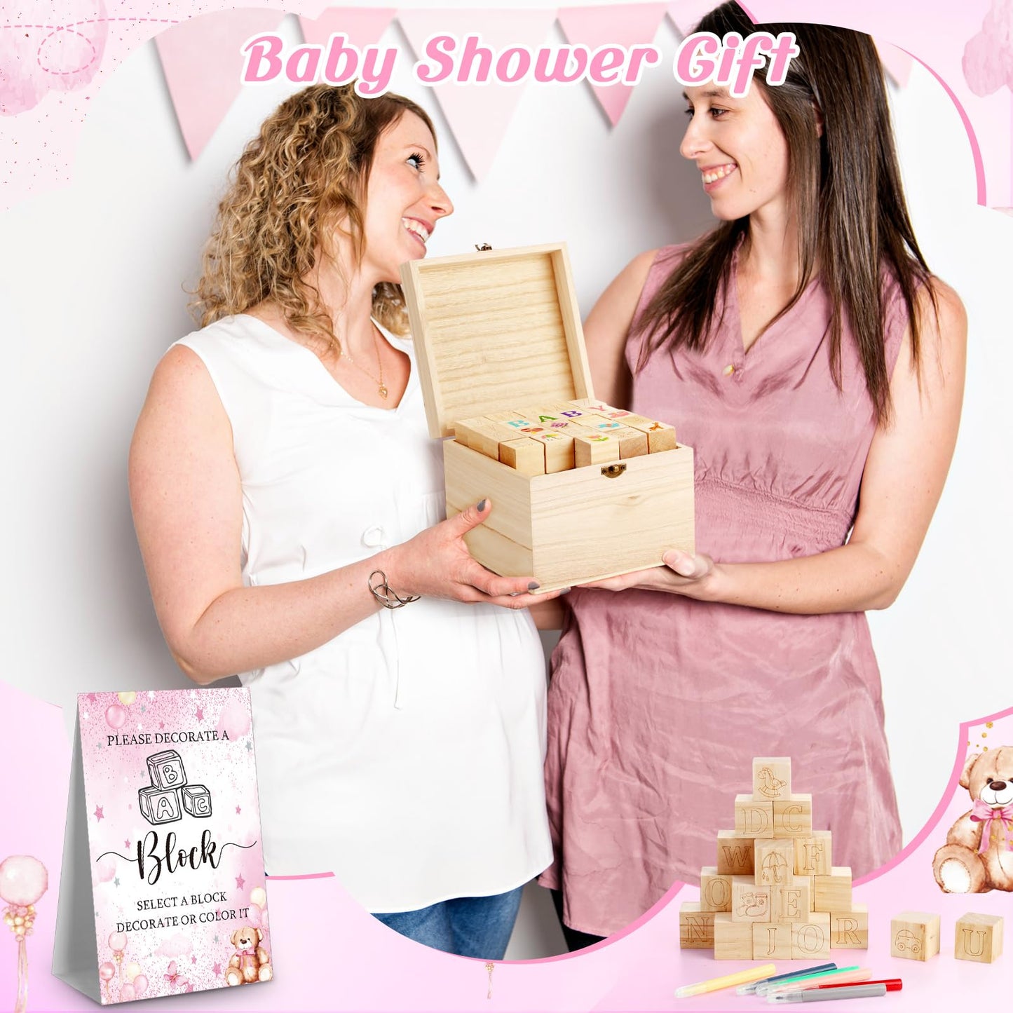 Marsui 136 Pcs Baby Shower Blocks to Decorate Game Kit Includes 98 Wooden Blocks, 36 Markers, 1 Game Sign, 1 Storage Box for Baby Shower Gender Reveal Activity Party Decorations(Pink Elephant)