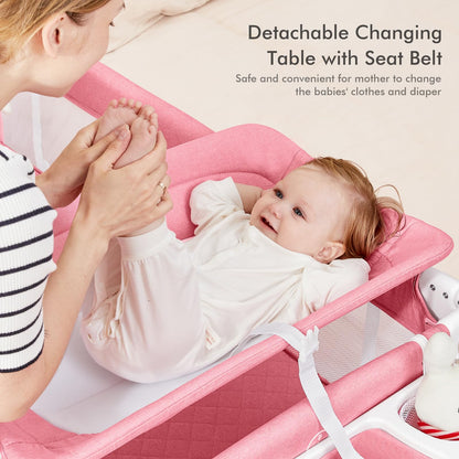 ANGELBLISS 5 in 1 Baby Bassinet, Bedside Crib & Playpen, Pack and Play Bassinet with Diaper Changer and Removable Rocker, Easy Folding Portable Crib with Mobile, Sheet & Mattress (Grey)
