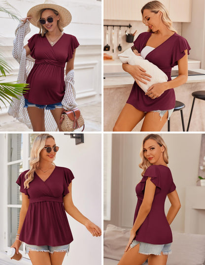 Ekouaer Maternity Shirts 3 Packs Flying Short Sleeve Nursing Tops Pregnancy Clothes