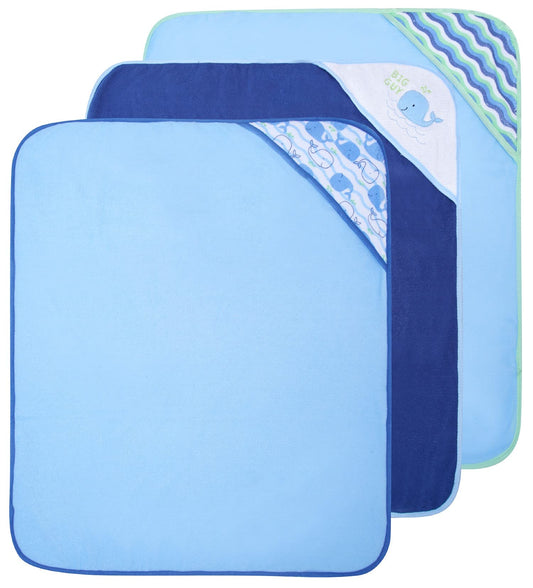 Buttons & Stitches Boy's 3-Pack Blue Whale Hooded Baby Towels, 26x30 Inches