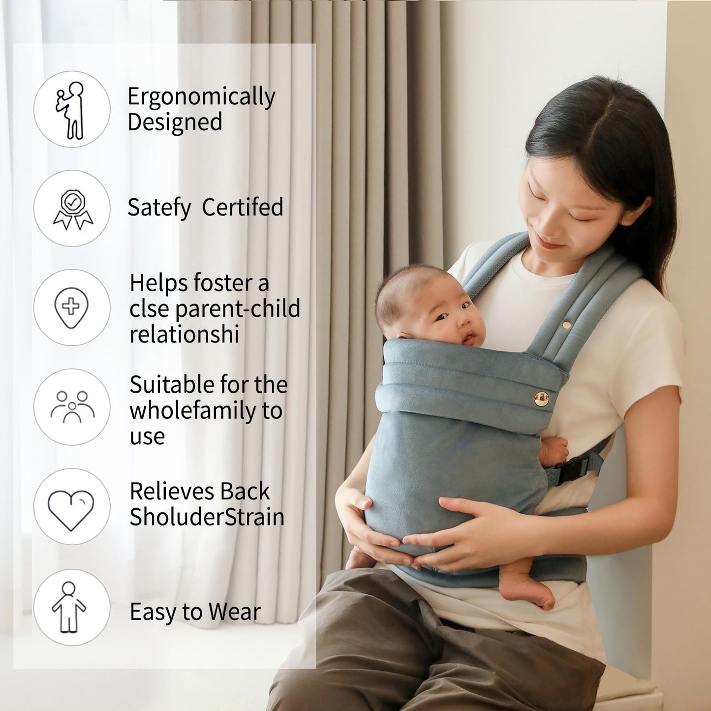 Baby Carrier Newborn to Toddler - Ergonomic,Velvet Fabric Breathable Mesh Cozy and Lightweight Infant Carrier for 7-35lbs,Enhanced Lumbar Support Hands-Free Parenting,All Seasons,Blue