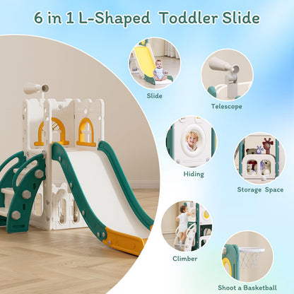6 in 1 Toddler Slide for Toddler Age 1-3,Kids Climber Slider for Indoor Outdoor Playground with Basketball Hoop,Storage and Telescope,L Shaped Slide for Toddler Climber Playset