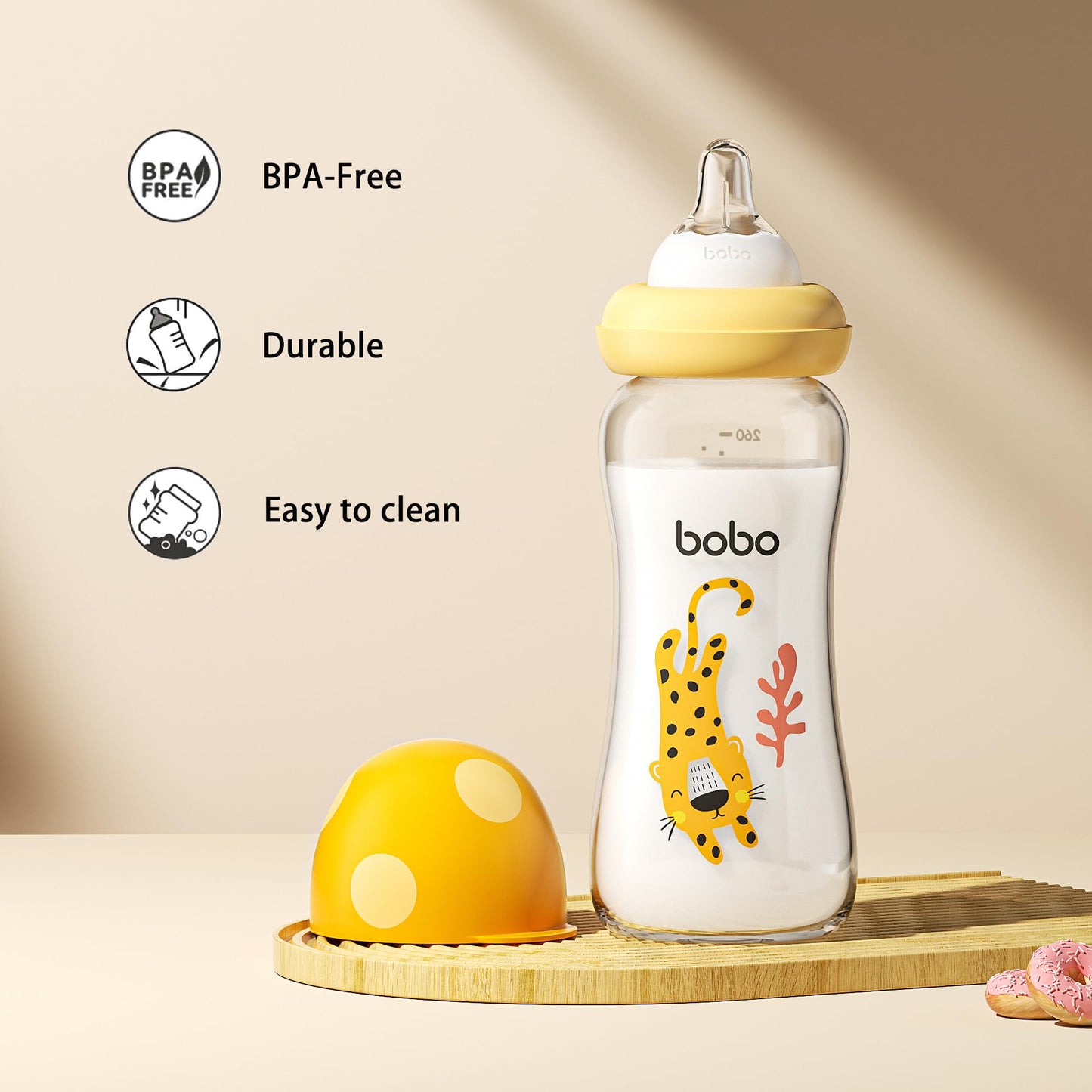 YOHKOH Natural Glass Baby Bottle with Natural Response Nipple, Newborn Anti-Colic Baby Bottles, Wide Neck Mushroom Cap Baby Bottle, Clear (8.8ounce (Pack of 4), Multicolour1)