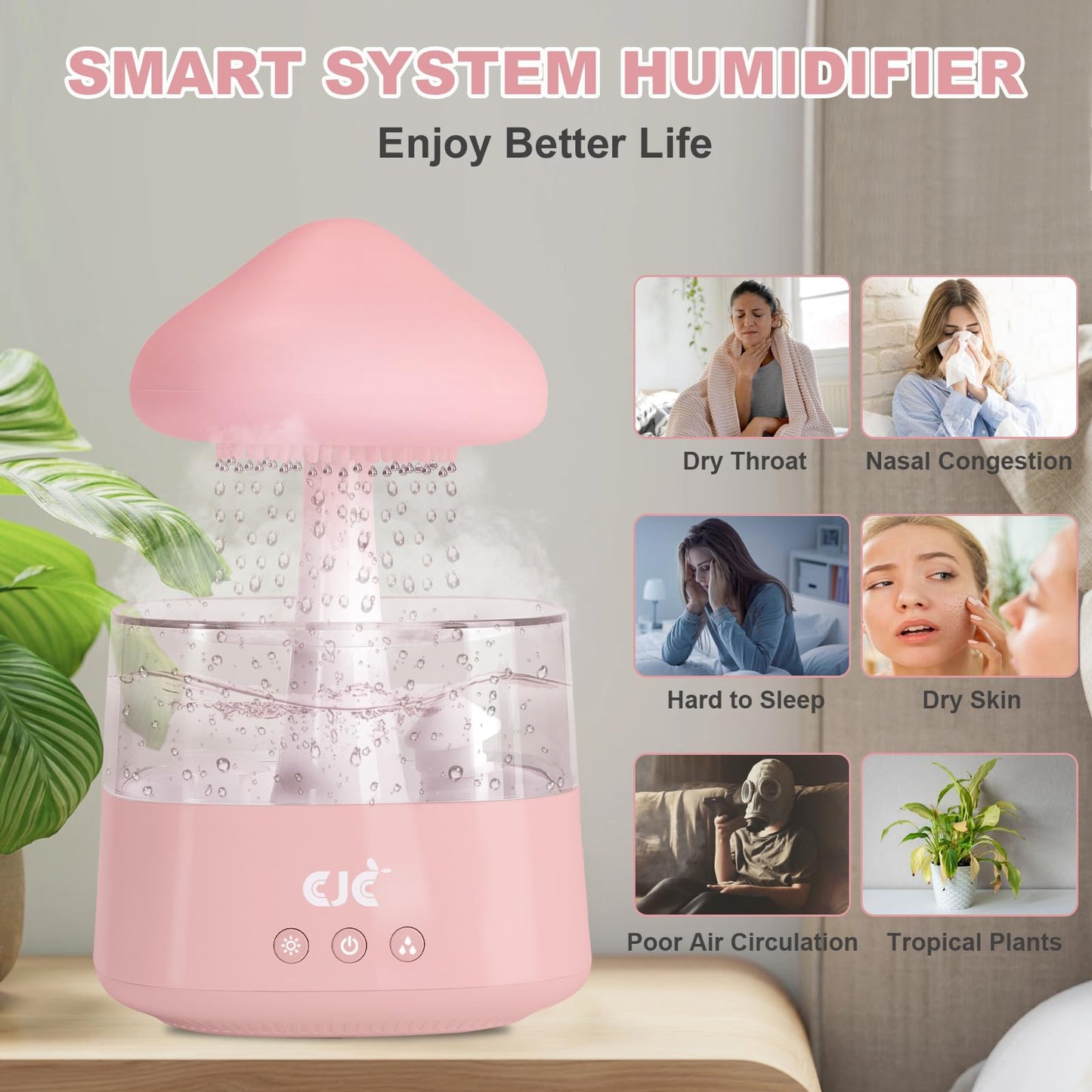 Cloud Rain White Noise Humidifier, Rain Water Drip Diffuser Humidifiers Waterfall Lamp Mushroom Air Humidifier Aromatherapy Essential Oil Diffuser with 7 Colors Night Lights for Home Office Bedroom