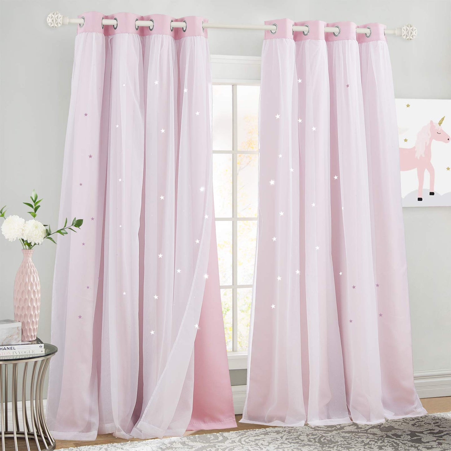 NICETOWN Nursery Curtains for Kids, Farmhouse Blackout Curtain Panels for Bedroom, Double Layer Star Hollow-Out Grommet Aesthetic Living Room Toddler Window Curtains, 2 Pcs, W52 x L84, Biscotti Beige