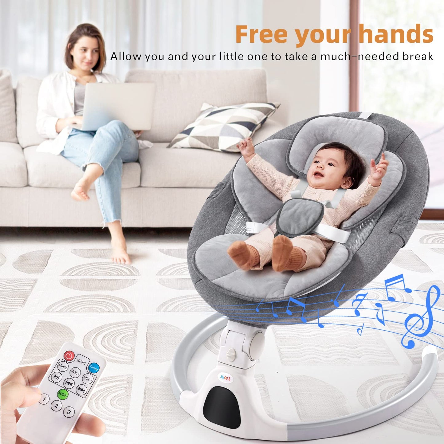 Jaoul Baby Swing for Infants - Electric Portable Newborn Bouncer With Bluetooth Touch Screen/Remote Control, Timing Function, 5 Speeds, 3 Seat Positions for Boys and Girls (Pink)