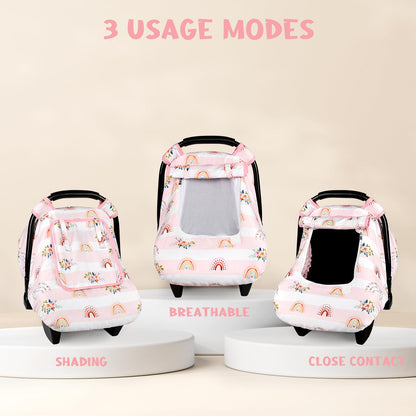 Pea Pod Car Seat Cover Baby, Infant Car Seat Canopy Covers for Newborn with 2 Layers Windows of Breathable Mesh Fabric, Lightweight Polyester/Soft Minky Dot Backing (Floral & Rainbow)