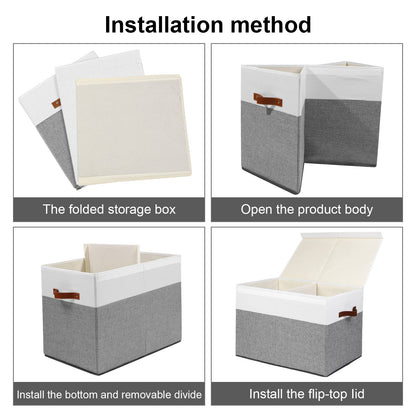 Large Toy Storage Box with Lid, Sturdy Toys Storage Chest Bin Organizer Basket with Dividers for Kids, Boys, Girls, Nursery, Closet, Bedroom, Playroom 25"x13" x16" (Beige and White)