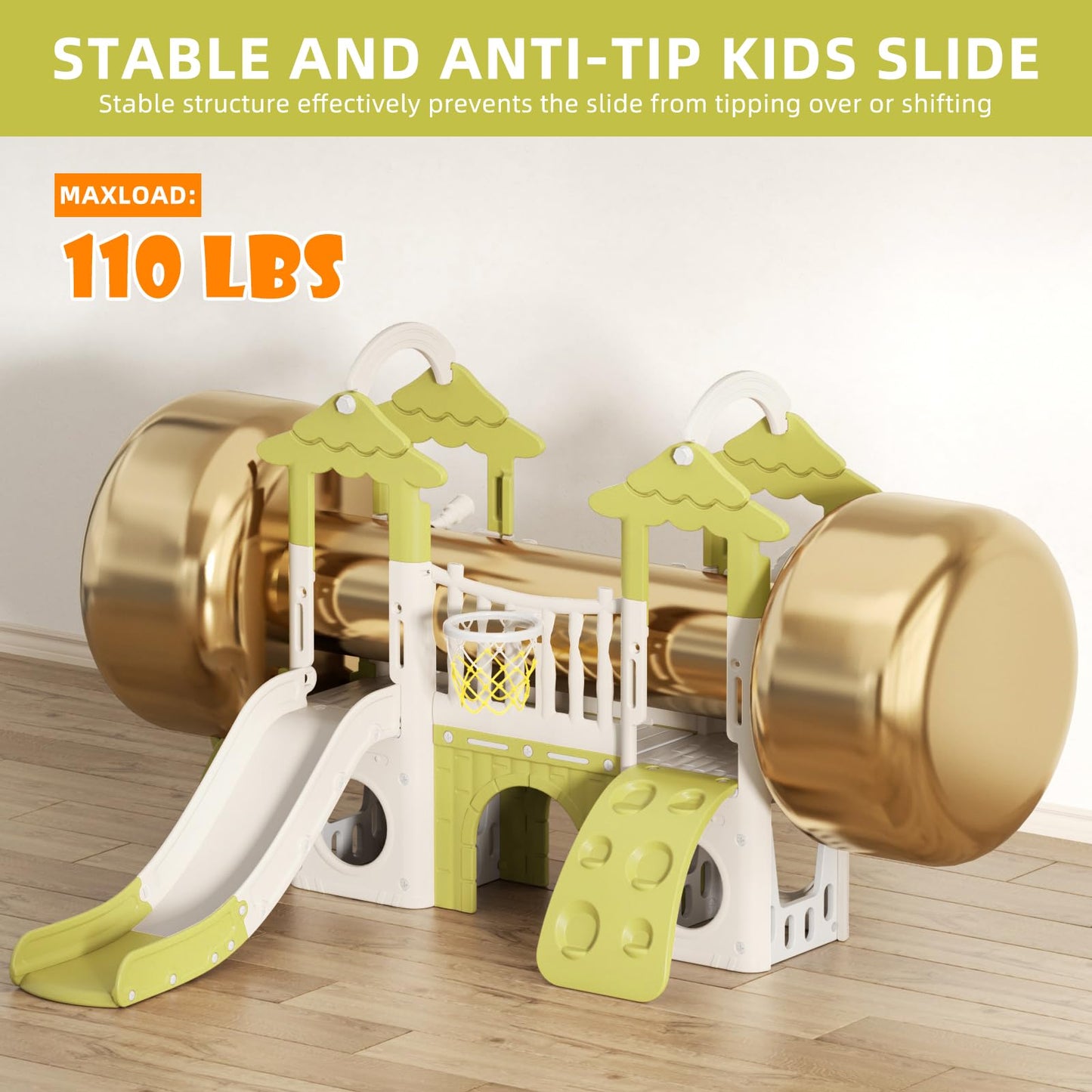 KORIMEFA 10-in-1 Toddler Slide, Kid Double Slide for Toddlers Age 1-3, Basketball Hoop, and Telescope, Indoor Outdoor Slide Toddler Playset Toddler Playground, Forest Themed Brown