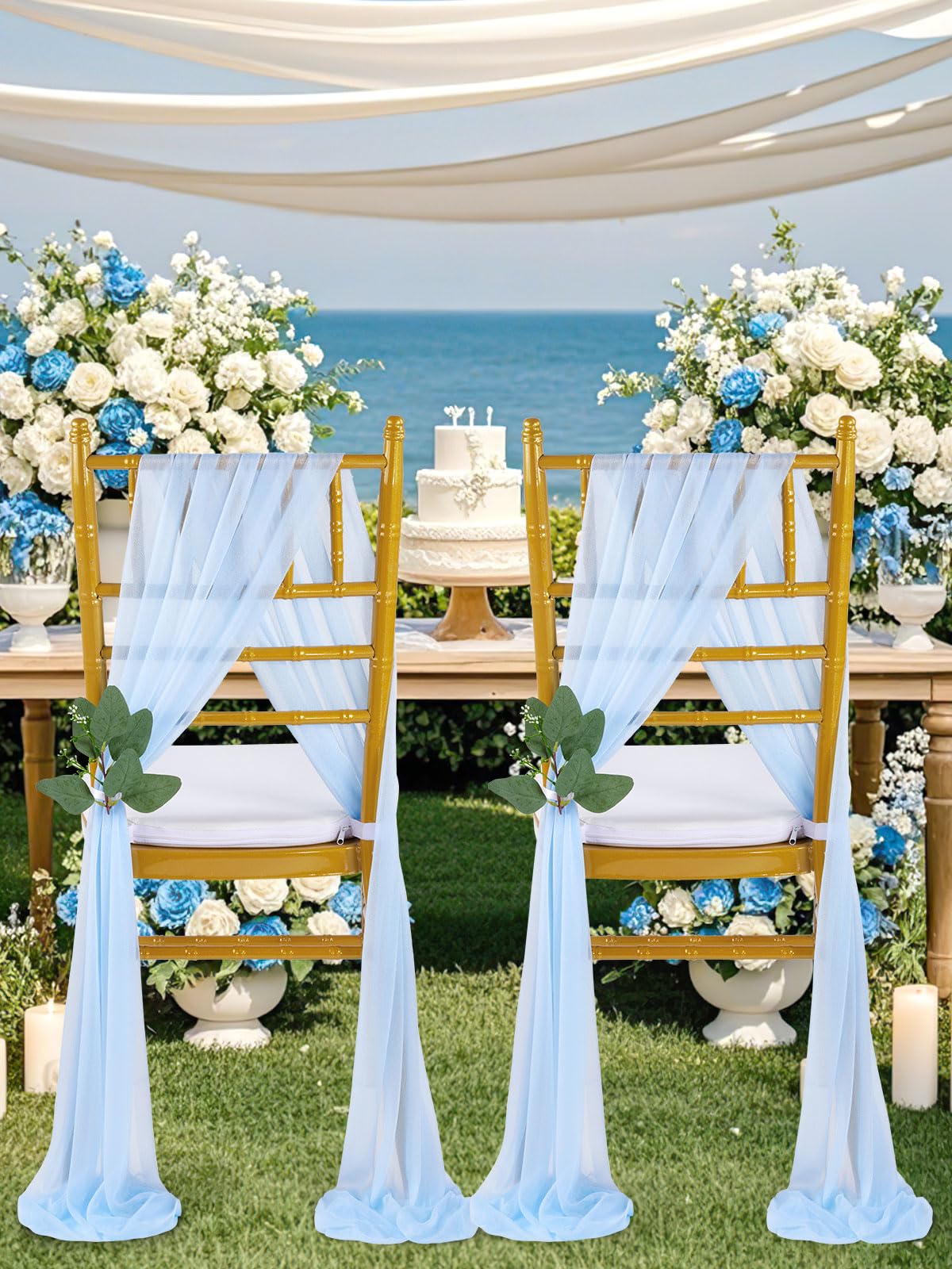 QueenDream Light Blue Sashes Chair Aisle Decorations: 24 Pack Baby Shower Chair Cover 8FT Long Tulle Draping Fabric Wedding Reception Church