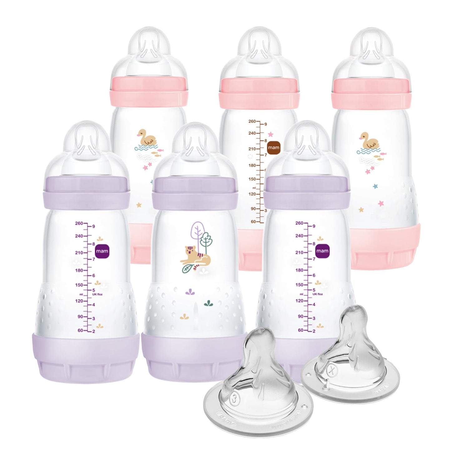 MAM 9oz Easy Start Anti-Colic Baby Bottles, Medium Flow, Breastfeeding-Like Silicone Nipple Bottle, Reduces Colic, Gas, & Reflux, Easy-to-Clean, BPA-Free, Colors May Vary