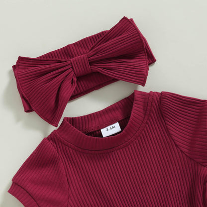 Baby Girl Summer Clothes Ribbed Short Sleeve Romper Solid Color Bodysuits Bow Headband Outfit Newborn Girl Jumpsuit