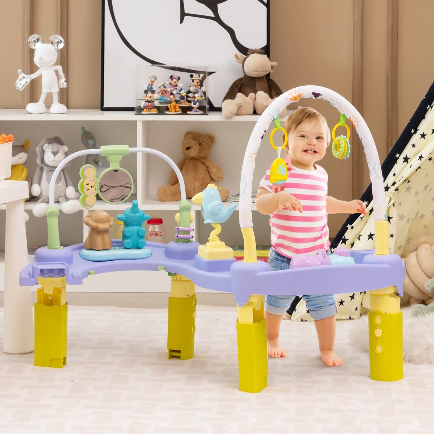 HOMGX Baby Bouncer Activity Center, 3 in 1 Baby Jumper Center & Infant Playtime Mat & Activity Table w/Baby Toys, 3 Adjustable Heights & 360° Rotatable Seat, Exersaucer for Toddlers (Green)