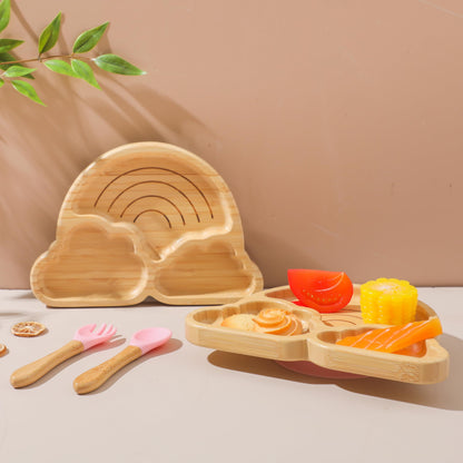 Bamboo Suction Plates Bowls Set for Baby Toddler Divided Platter Food bowl with Silicone Fork & Spoon All-Natural Baby Feeding Set for Baby-Led Weaning, Non-Slip Design