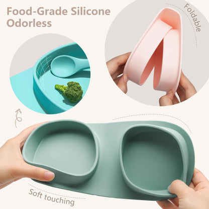 Silicone Foldable Novelty Dinner Plates,Baby Plates Travel Essential with Forks and Spoons,Microwave & Dishwasher SafeWatermelon