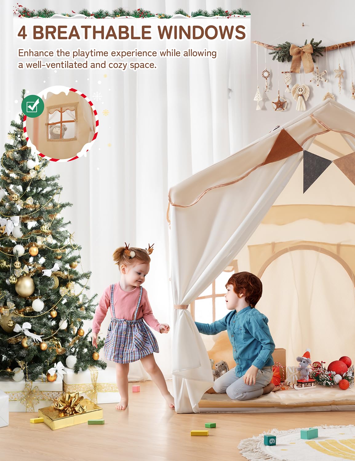 BESREY Kids Play Tent - 2 in 1 with Padded Mat & Lights, Large Playhouse with 2 Doors & 4 Windows, Indoor & Outdoor, Christmas Toddler Play Tent, 51" x 35" x 51