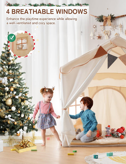 BESREY Kids Play Tent - 2 in 1 with Padded Mat & Lights, Large Playhouse with 2 Doors & 4 Windows, Indoor & Outdoor, Christmas Toddler Play Tent, 51" x 35" x 51