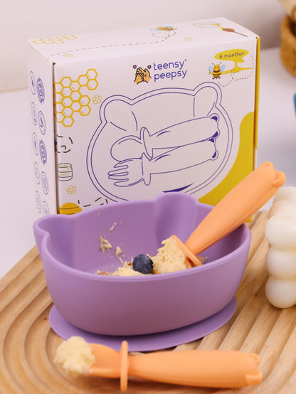 Bear Silicone Baby Bowl Suction Baby Spoon and Fork for Babies 6 months+ Suction Bowls for Baby Utensils 6-12M+ BLW Essentials (Peach Lilac)