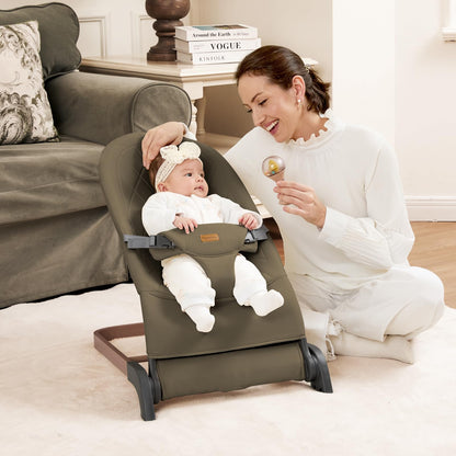 Foldable Baby Bouncer, Baby Seat with 3 Adjustable Heights, Portable Newborn Rocker, Ergonomic Bouncy Seat for Natural Bounce, Bouncer for Babies 0-6 Months, Soft Cotton (Beige)