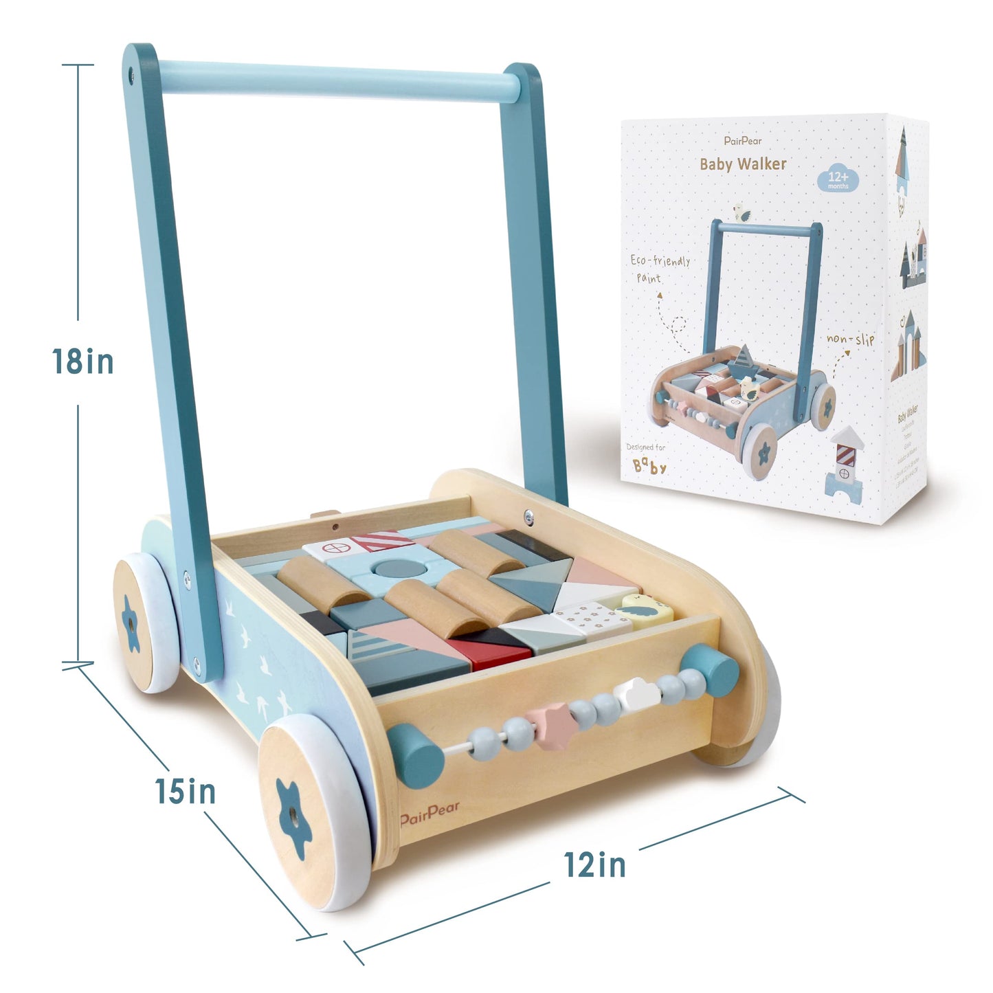 PairPear Wooden Baby Walker, Baby Push Walker, Montessori Walker Toy with Activity Center for Girls Boys, Adjustable Speed Baby Walker for Kids Development