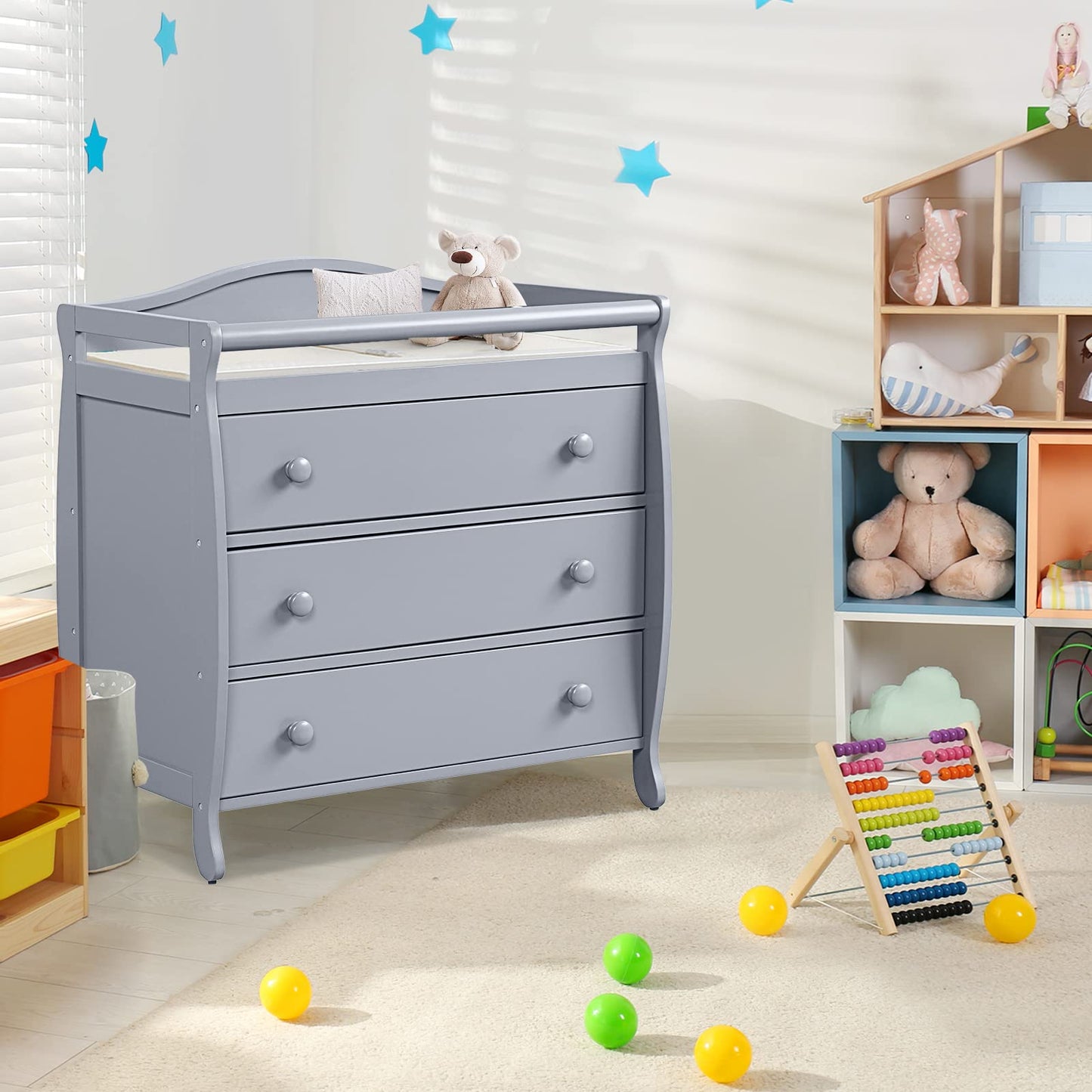 Costzon 3-Drawer Changing Table, Infant Diaper Changing Station with Drawers, Safety Rails & Strap, Baby Changing Table Dresser for Nursery, Easy Assembly (Brown)