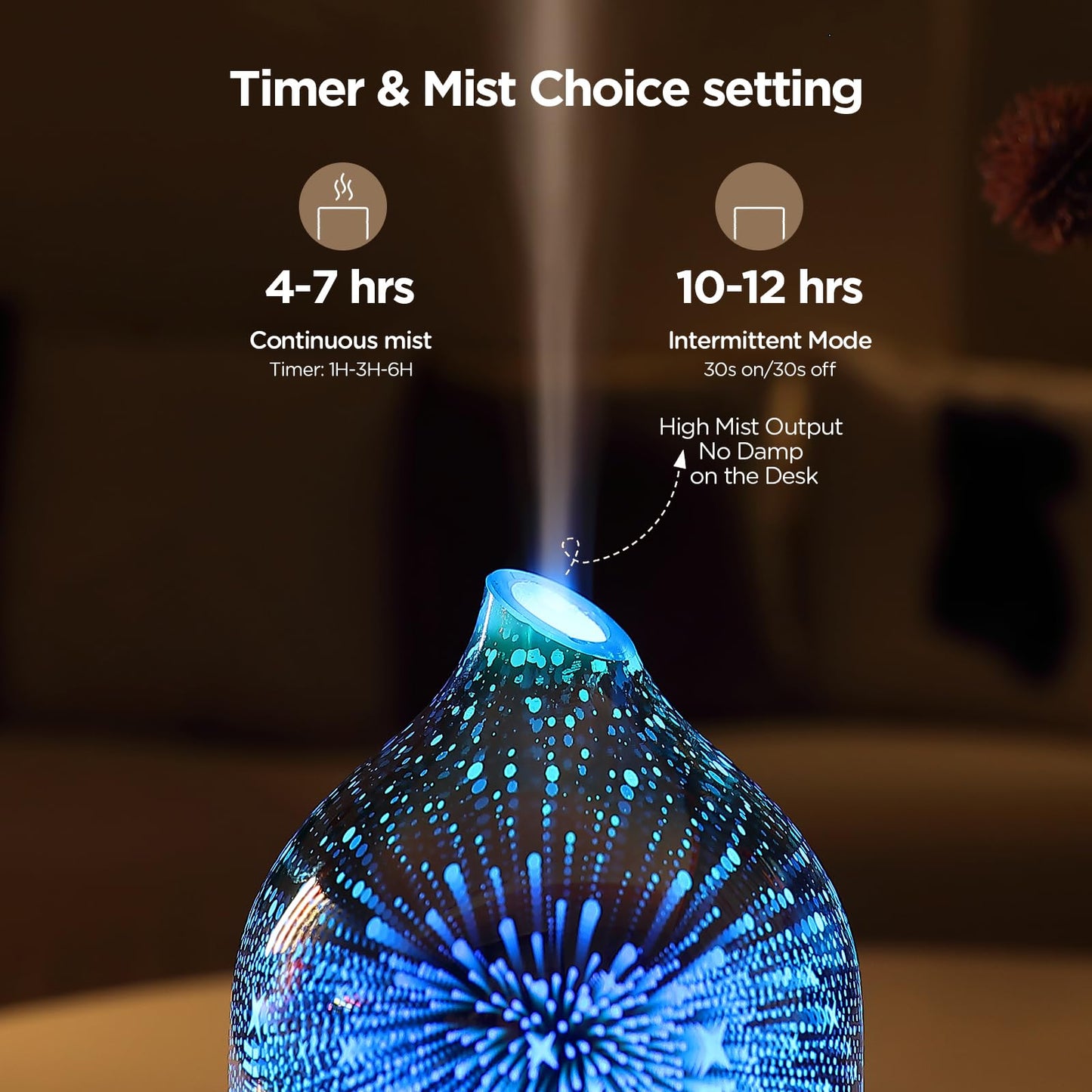 Essential Oil Diffuser Hand Blown Glass Aromatherapy Diffuser - Ultrasonic Cool Mist Scent Aroma Diffuser, Whisper Quiet with Auto Shut-Off, Timer Setting &7 Colors Night Light for Home