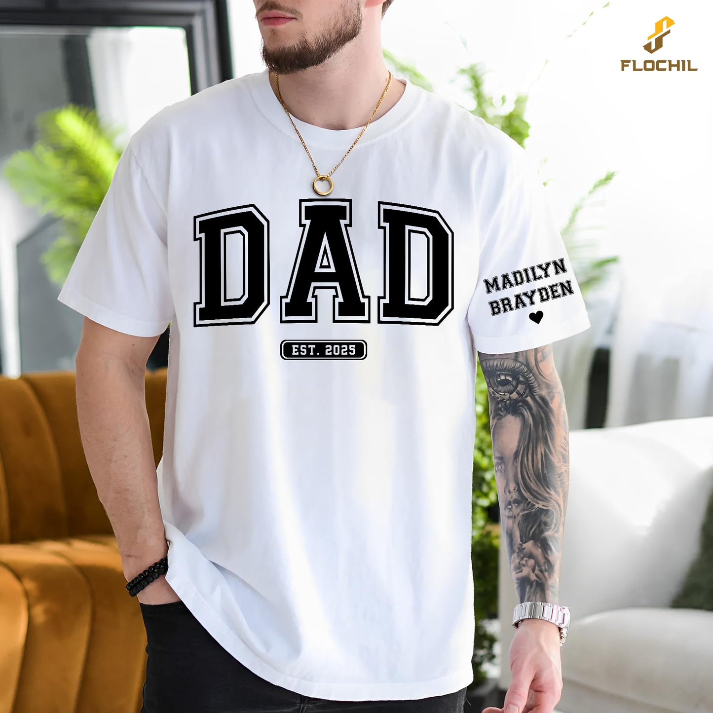 FLOCHIL Personalized Fathers Day Shirts with Kids Name, Custom Dad Shirts for Men, Gifts for Dad, Fathers Day, Christmas
