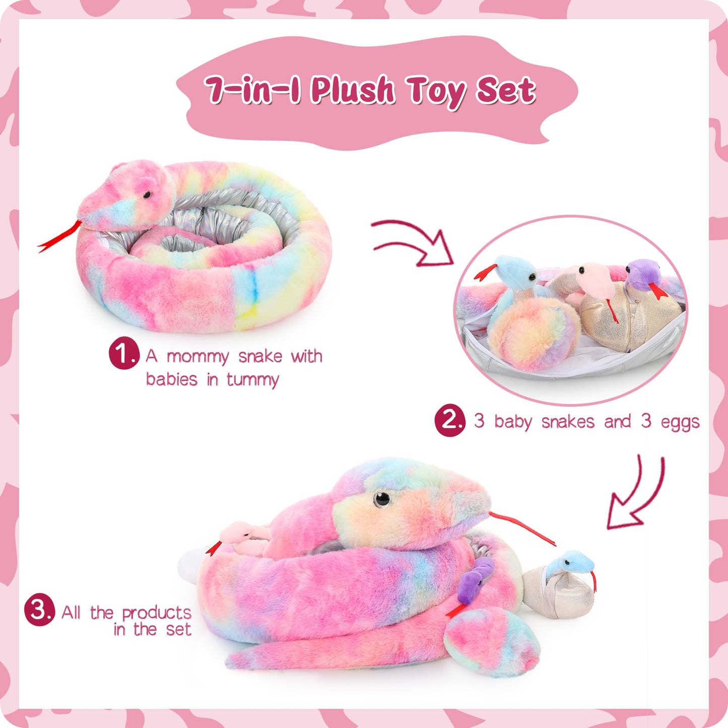 MorisMos Snake Stuffed Animals Plush Toy 120 Inch Giant Snake Plush with Babies Stuffed Snake Toys for Kids Plush Party Decorations Favors Prank Props, 4 Snake Babies, 3 Snake Eggs