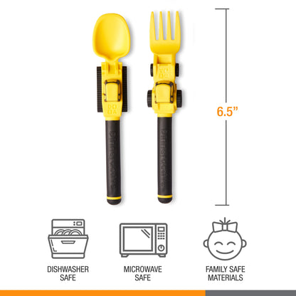 Dinneractive Utensil Set for Kids – Construction Themed Toddler Forks and Spoons, Toddler Utensils – 2PC Set – Fuchsia Construction Utensils For Toddlers - Loader & Tractor Toddler Spoons and Forks