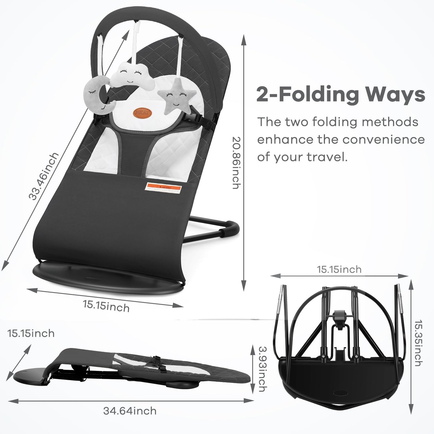 HKAI Baby Bouncer, Portable Baby Bouncer Seat for Babies 0-18 Months, 100% Cotton Fabrics, 3 Modes of use with Rocker and Stationary Options, Infant Rocker Chair with Hanging Toys-Organic Oat