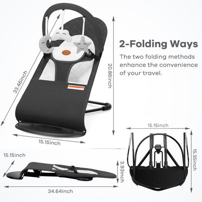 HKAI Baby Bouncer, Portable Baby Bouncer Seat for Babies 0-18 Months, 100% Cotton Fabrics, 3 Modes of use with Rocker and Stationary Options, Infant Rocker Chair with Hanging Toys-Organic Oat