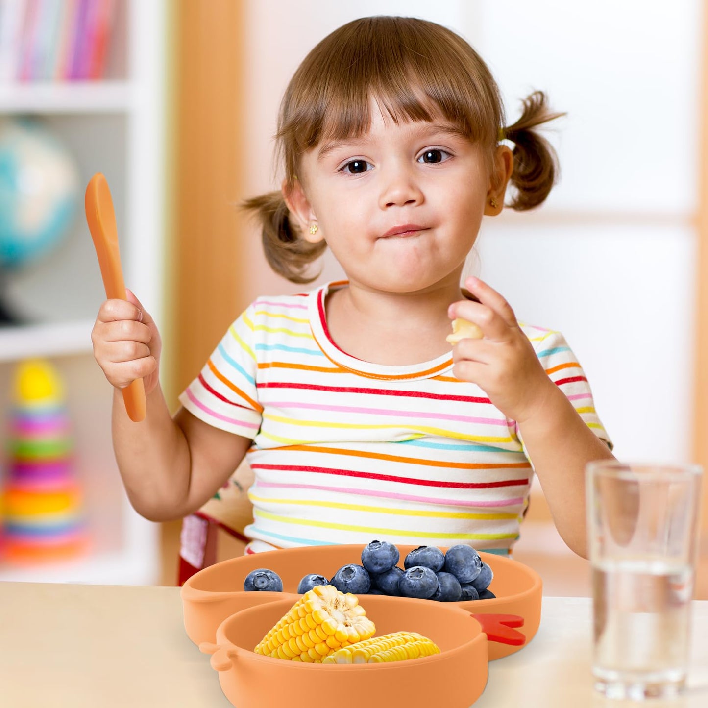Qshare Powerful Suction Plates for Baby and Toddler,Baby Divided Plate,Thanksgiving Plates with Fork and Spoon,Duck Baby Plate Non-Slip,BPA Free,Microwave & Dishwasher Safe (Orange)