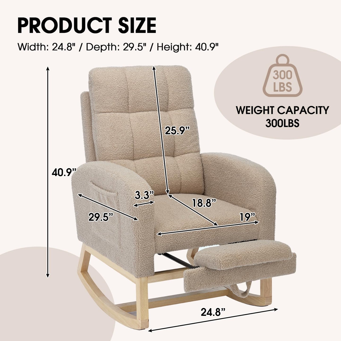 NIOIIKIT Modern Nursery Rocking Chair, Teddy Upholstered Rocking Chair with Footrest, Comfortable Glider Rocker with Side Pocket for Living Room, Bedroom, Nursing Room (Beige)