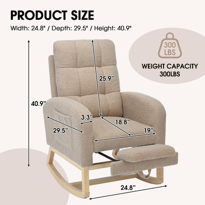 NIOIIKIT Modern Nursery Rocking Chair, Teddy Upholstered Rocking Chair with Footrest, Comfortable Glider Rocker with Side Pocket for Living Room, Bedroom, Nursing Room (Beige)