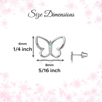 Cherished Moments Children's Sterling Silver Butterfly Screw Back Earrings with Pink or Rainbow CZs for Babies, Little Girls, Kids and Toddlers
