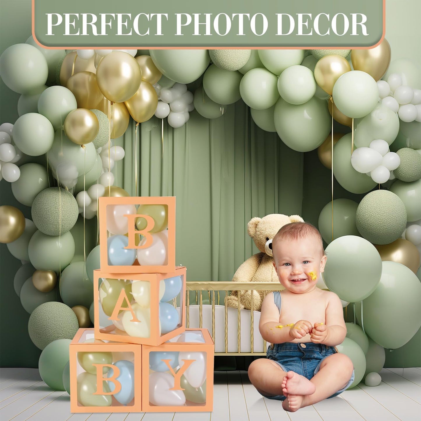 Zhanmai Baby Boxes for Bear Baby Shower Decoration with 4 Letters 36 Balloons 4pcs Transparent Clear Balloon Box Blocks for Boy Girl Balloon Boxes Gender Reveal Party Favors (Brown, Apricot, Blue)