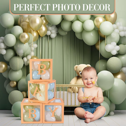 Zhanmai Baby Boxes for Bear Baby Shower Decoration with 4 Letters 36 Balloons 4pcs Transparent Clear Balloon Box Blocks for Boy Girl Balloon Boxes Gender Reveal Party Favors (Brown, Apricot, Blue)